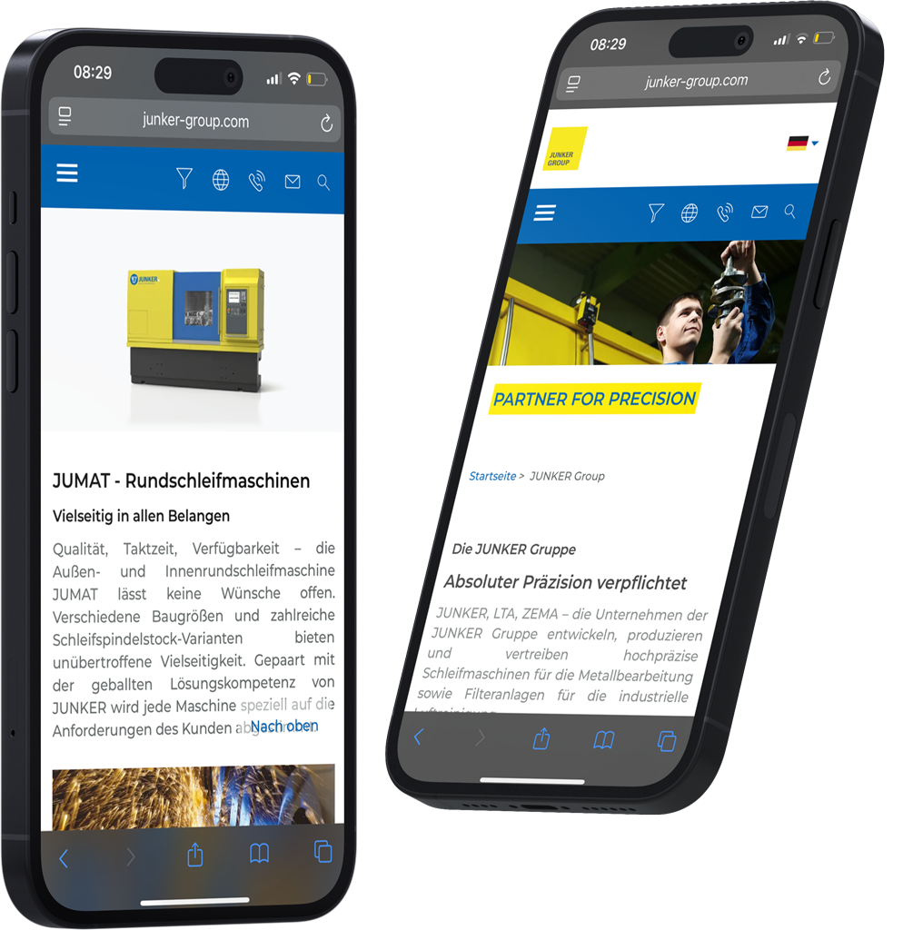 Screenshot der Junker Group Website mit Produktdetails zur Schleifmaschinen-Kategorie