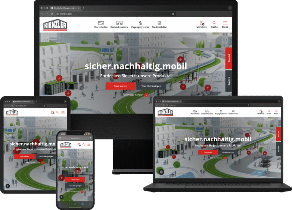 Mehrere Geräte-Mockups zeigen die Kienzler Website in Desktop- und Tablet-Ansichten mit Text- und Bildbereichen