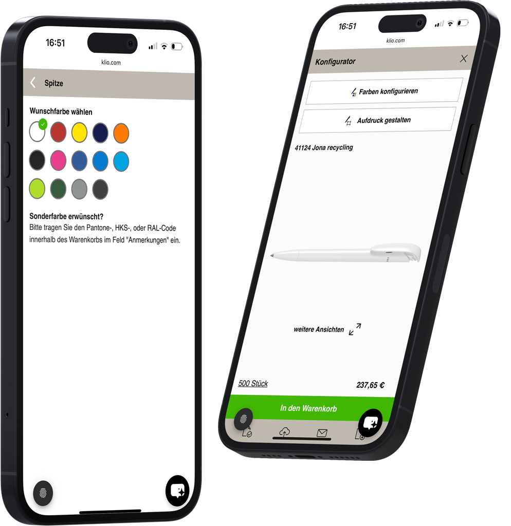 Detailansicht des Klio Eterna Konfigurators mit Auswahlmöglichkeiten und Anzeige der gewählten Komponenten
