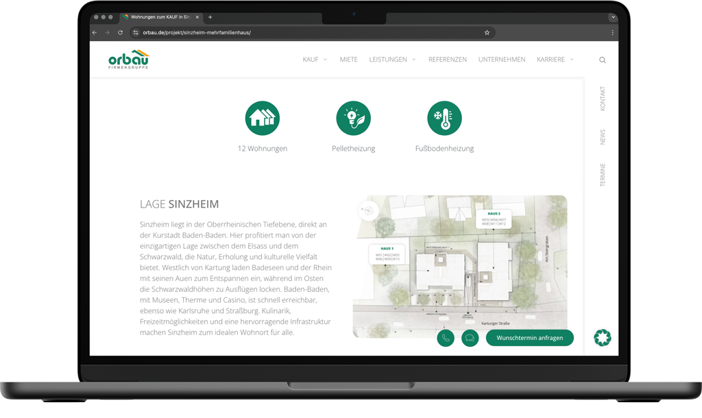Screenshot einer Unterseite der Orbau Webseite