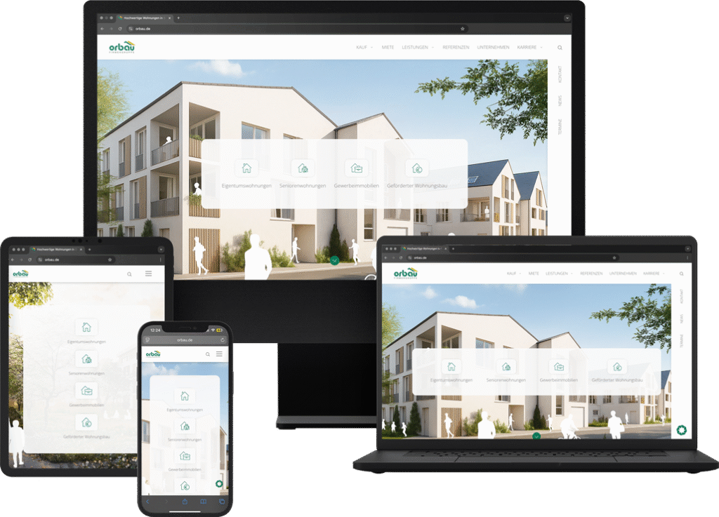 Responsive Website-Mockup der Orbau Website auf verschiedenen Endgeräten zeigt Header mit Navigation und Inhaltsbereiche