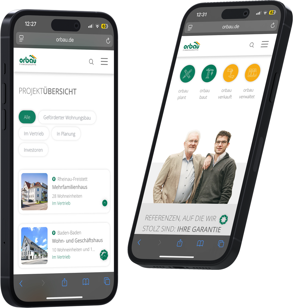 Mockup der Orbau Website mit Fokus auf zentralen Inhaltsblöcken, Call-to-Action-Elementen und visueller Hierarchie