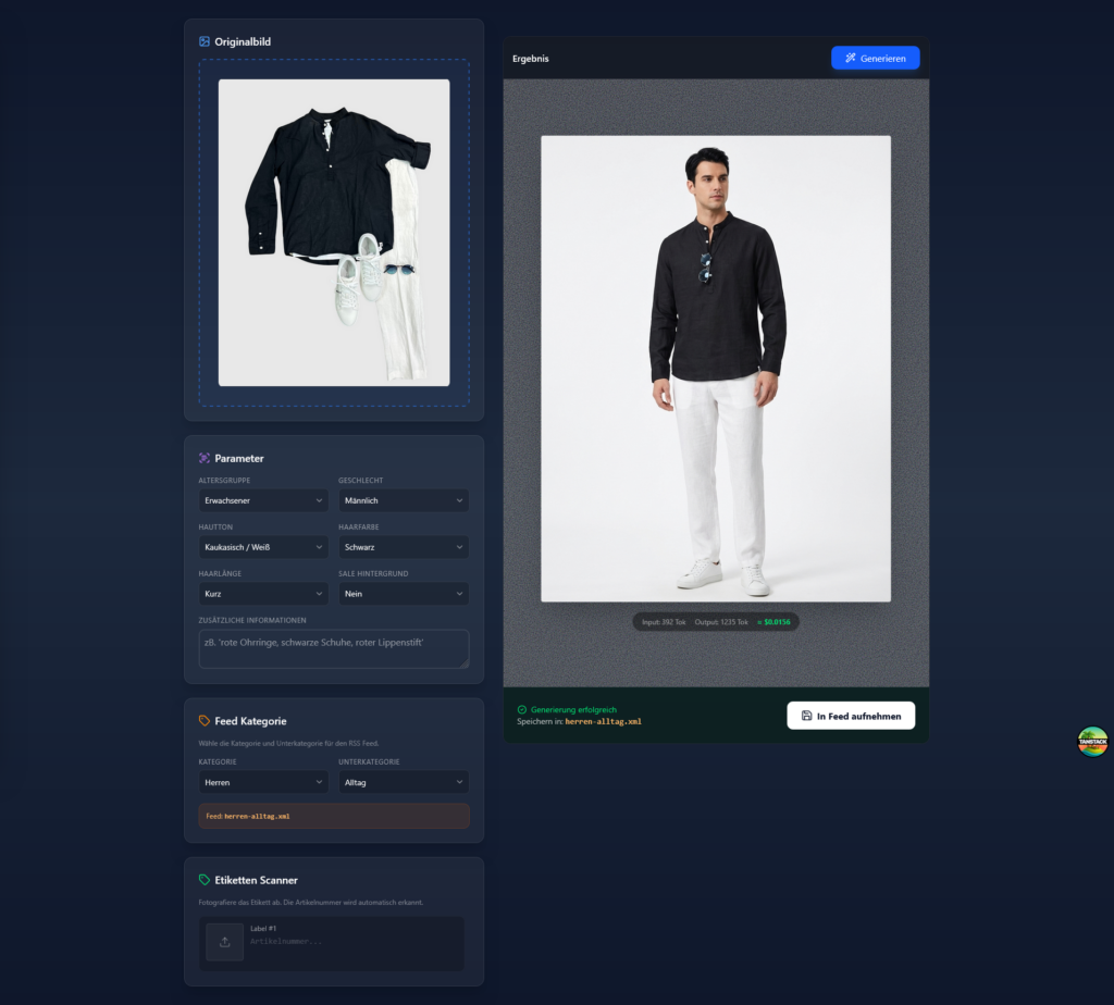 Screenshot des KI-Outfitkonfigurators mit Darstellung eines Herren-Outfits