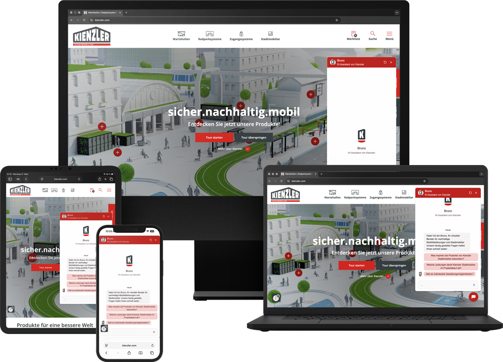 Responsives Webdesign der Kienzler Website mit integriertem KI-Chatbot auf Desktop, Tablet und Smartphone zur digitalen Beratung von Stadtmobiliar, realisiert von der SinusQuadrat Digitalagentur Offenburg