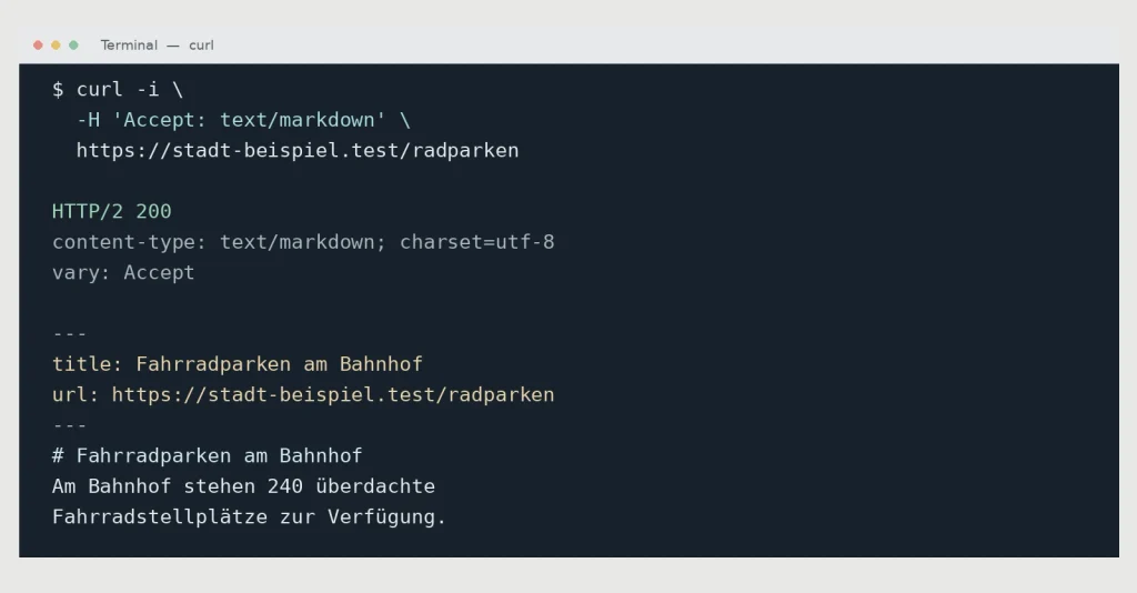 Nahansicht einer Terminalausgabe mit Accept: text/markdown, HTTP-Antwort und Markdown-Inhalt.